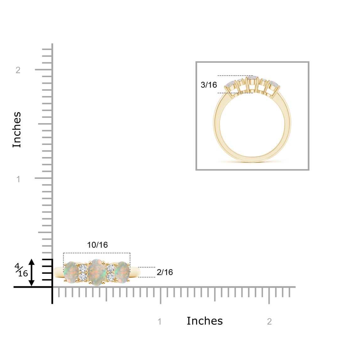 6x4mm AAAA Oval Three Stone Opal Engagement Ring with Diamonds in Yellow Gold - ruler