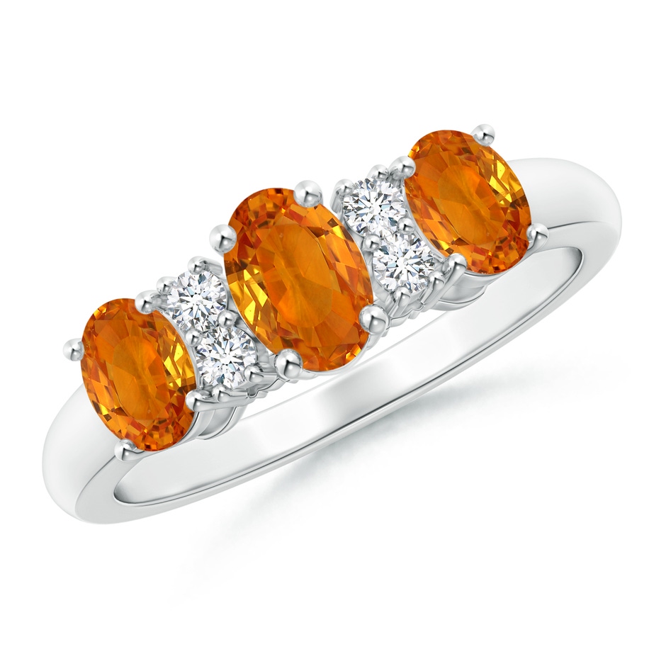 6x4mm AAA Oval 3 Stone Orange Sapphire Engagement Ring with Diamonds in White Gold 