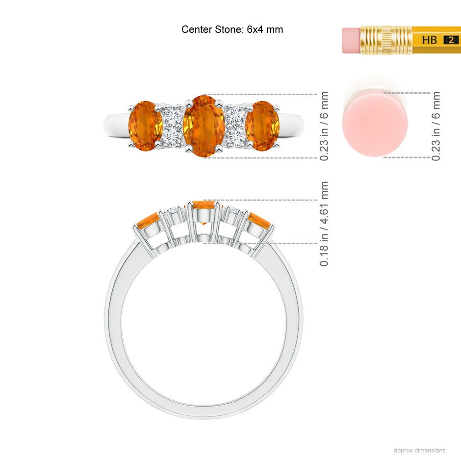 6x4mm AAA Oval 3 Stone Orange Sapphire Engagement Ring with Diamonds in White Gold ruler