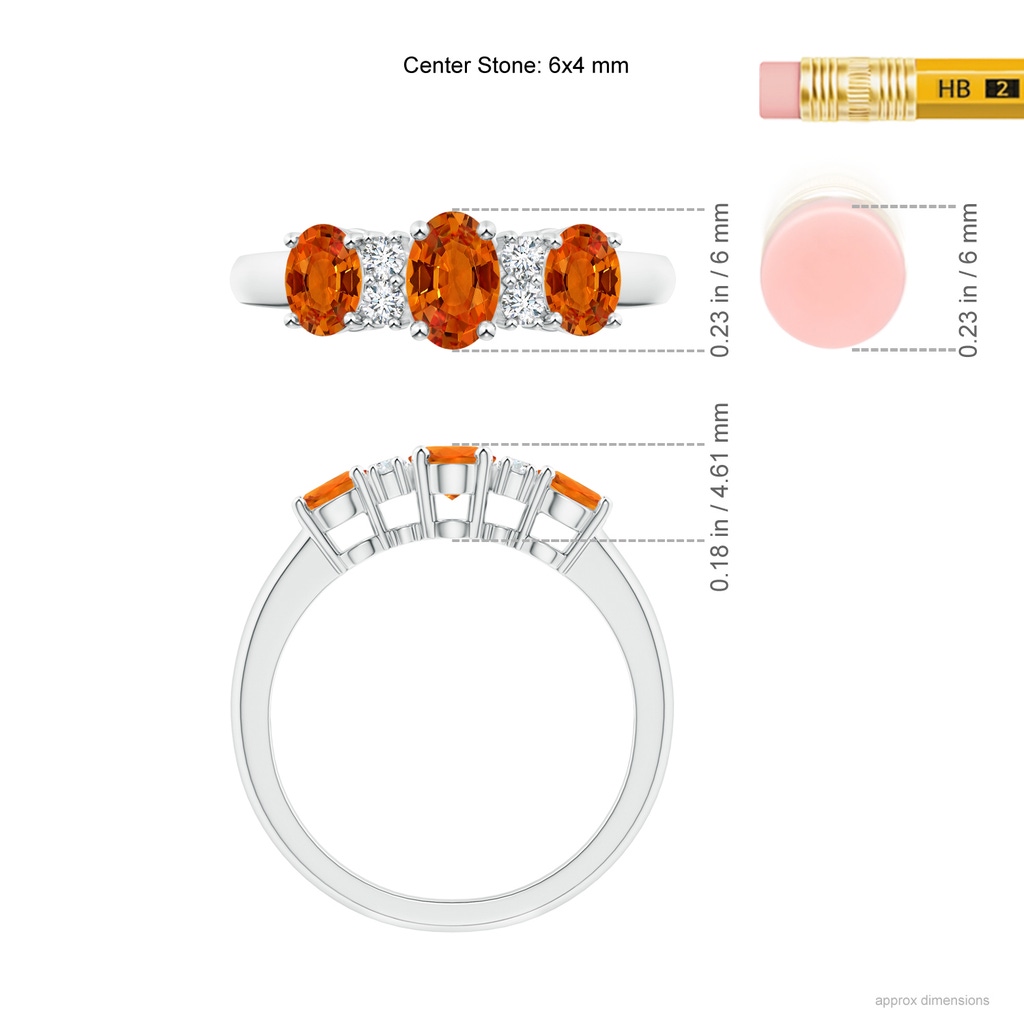 6x4mm AAAA Oval 3 Stone Orange Sapphire Engagement Ring with Diamonds in White Gold Ruler