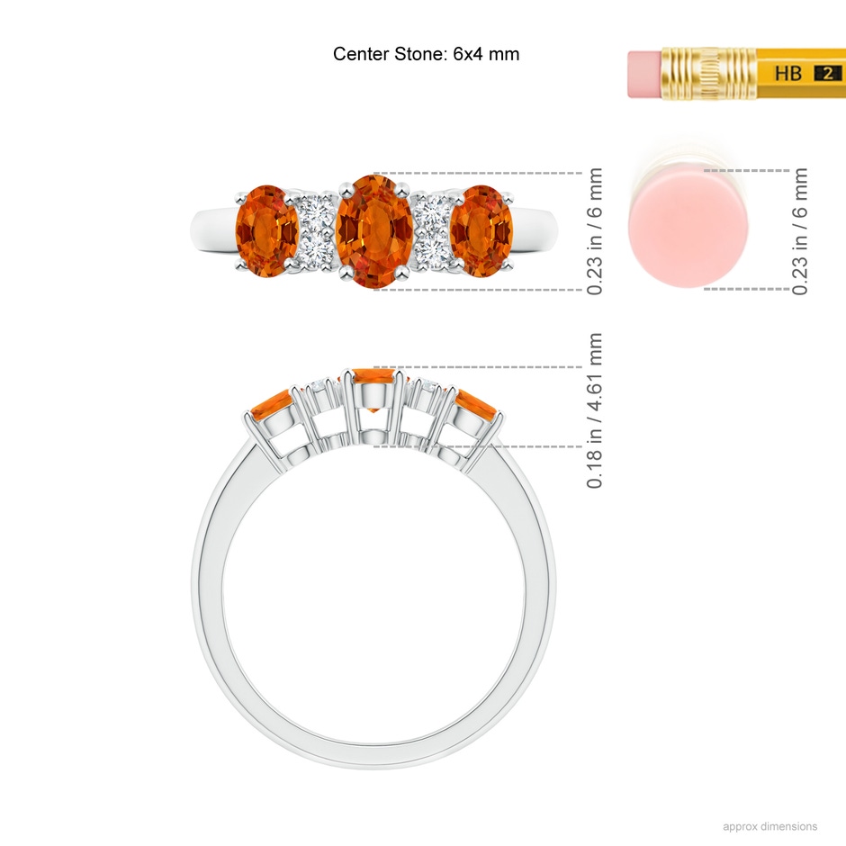 6x4mm AAAA Oval 3 Stone Orange Sapphire Engagement Ring with Diamonds in White Gold ruler