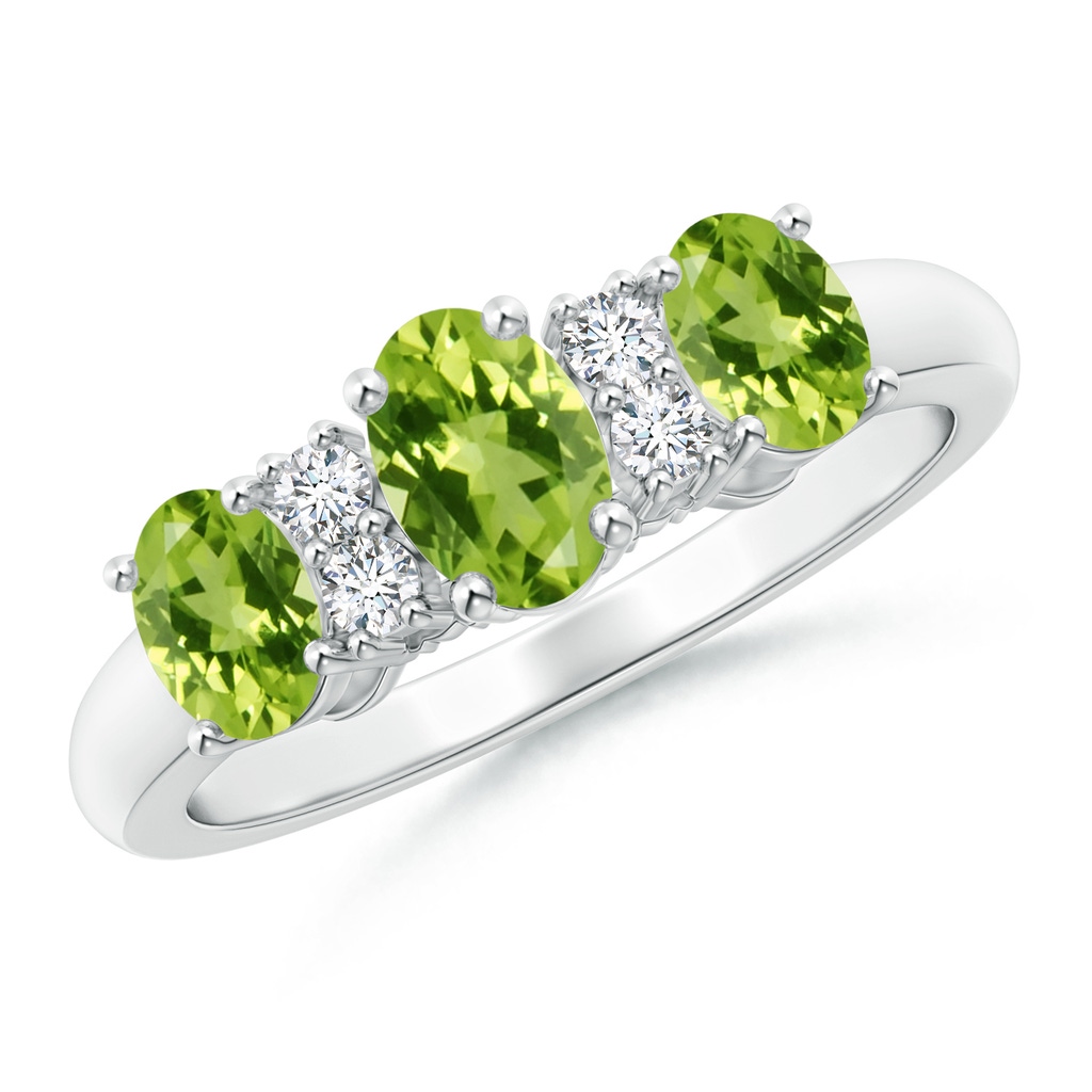 6x4mm AAA Oval Three Stone Peridot Engagement Ring with Diamonds in White Gold