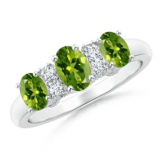 6x4mm AAAA Oval Three Stone Peridot Engagement Ring with Diamonds in White Gold