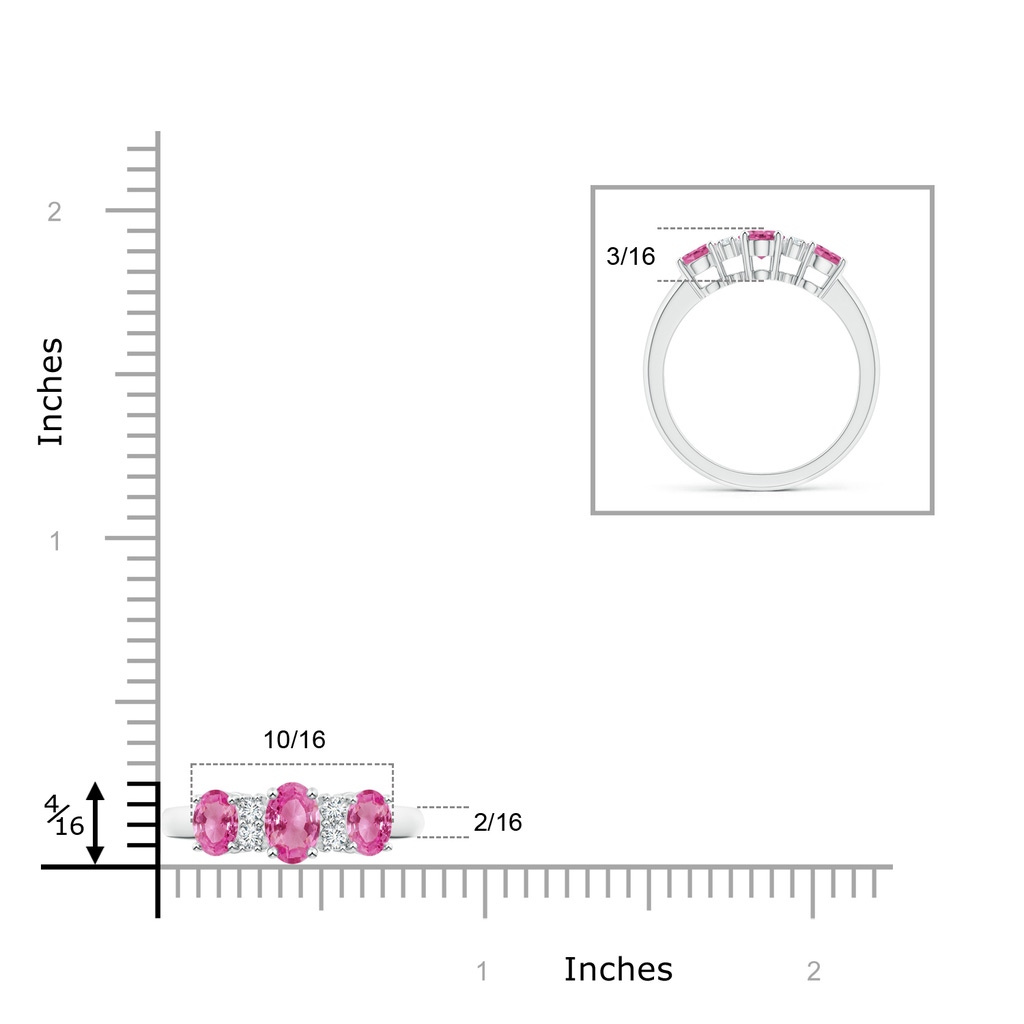 6x4mm AAA Oval Three Stone Pink Sapphire Engagement Ring with Diamonds in White Gold Ruler