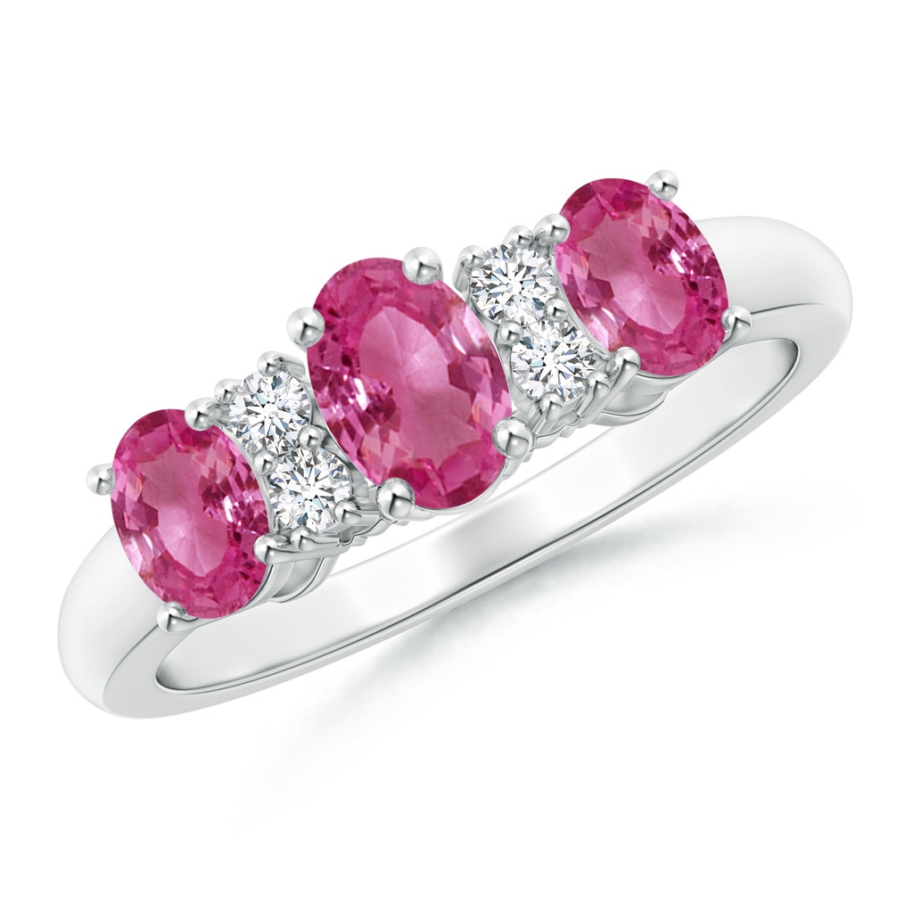 6x4mm AAAA Oval Three Stone Pink Sapphire Engagement Ring with Diamonds in P950 Platinum
