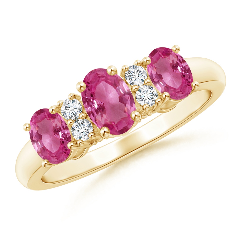 6x4mm AAAA Oval Three Stone Pink Sapphire Engagement Ring with Diamonds in Yellow Gold