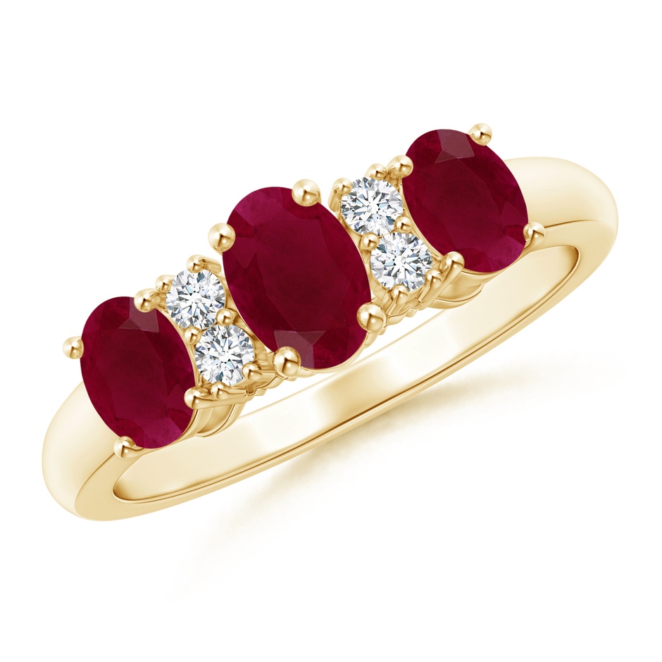 6x4mm A Oval Three Stone Ruby Engagement Ring with Diamonds in Yellow Gold 