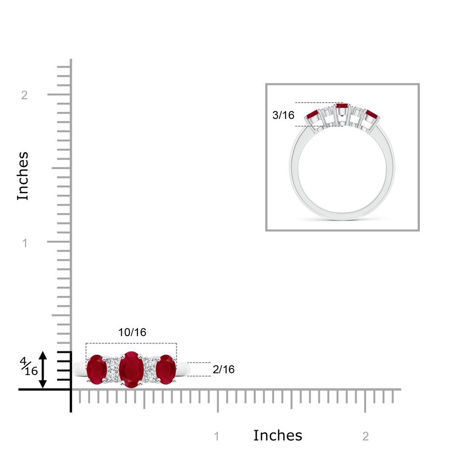 6x4mm AA Oval Three Stone Ruby Engagement Ring with Diamonds in White Gold ruler