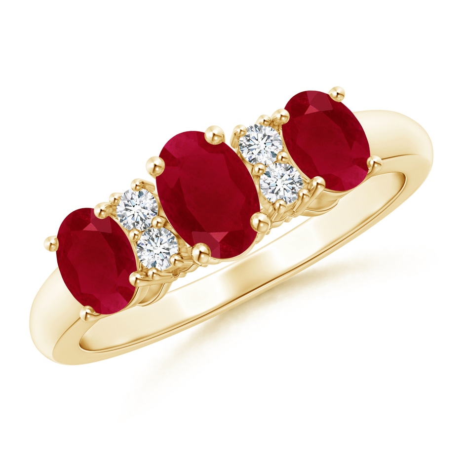 6x4mm AA Oval Three Stone Ruby Engagement Ring with Diamonds in Yellow Gold 