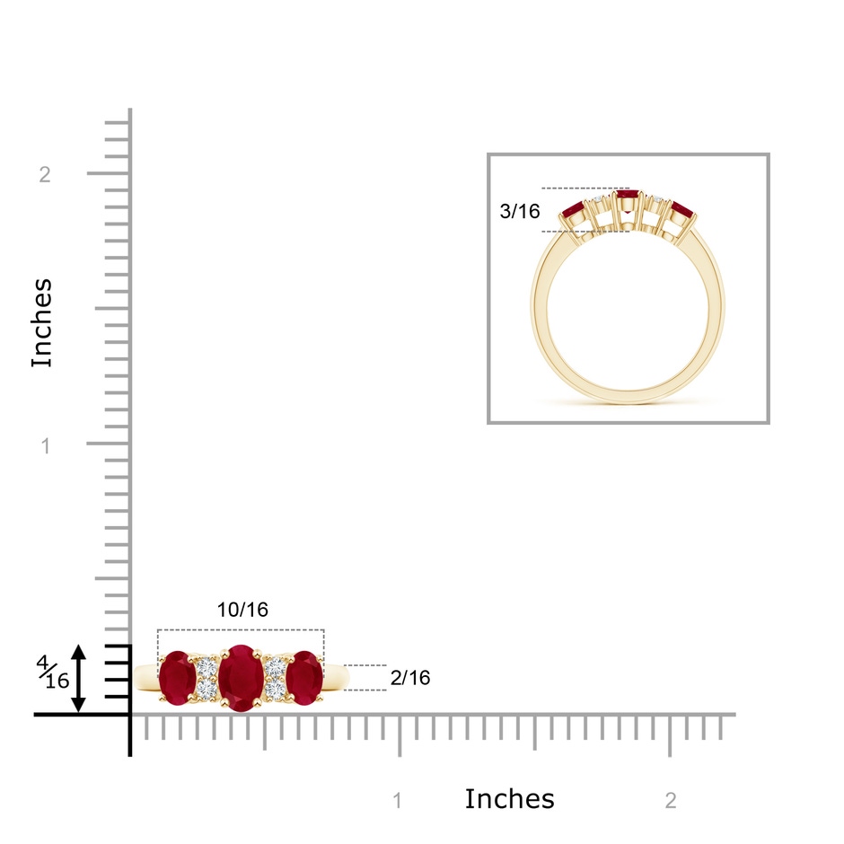 6x4mm AA Oval Three Stone Ruby Engagement Ring with Diamonds in Yellow Gold ruler
