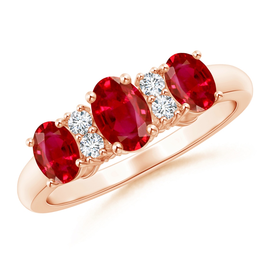 6x4mm AAA Oval Three Stone Ruby Engagement Ring with Diamonds in Rose Gold 