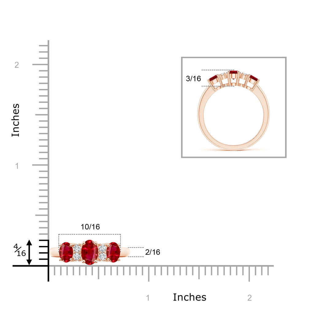 6x4mm AAA Oval Three Stone Ruby Engagement Ring with Diamonds in Rose Gold Ruler