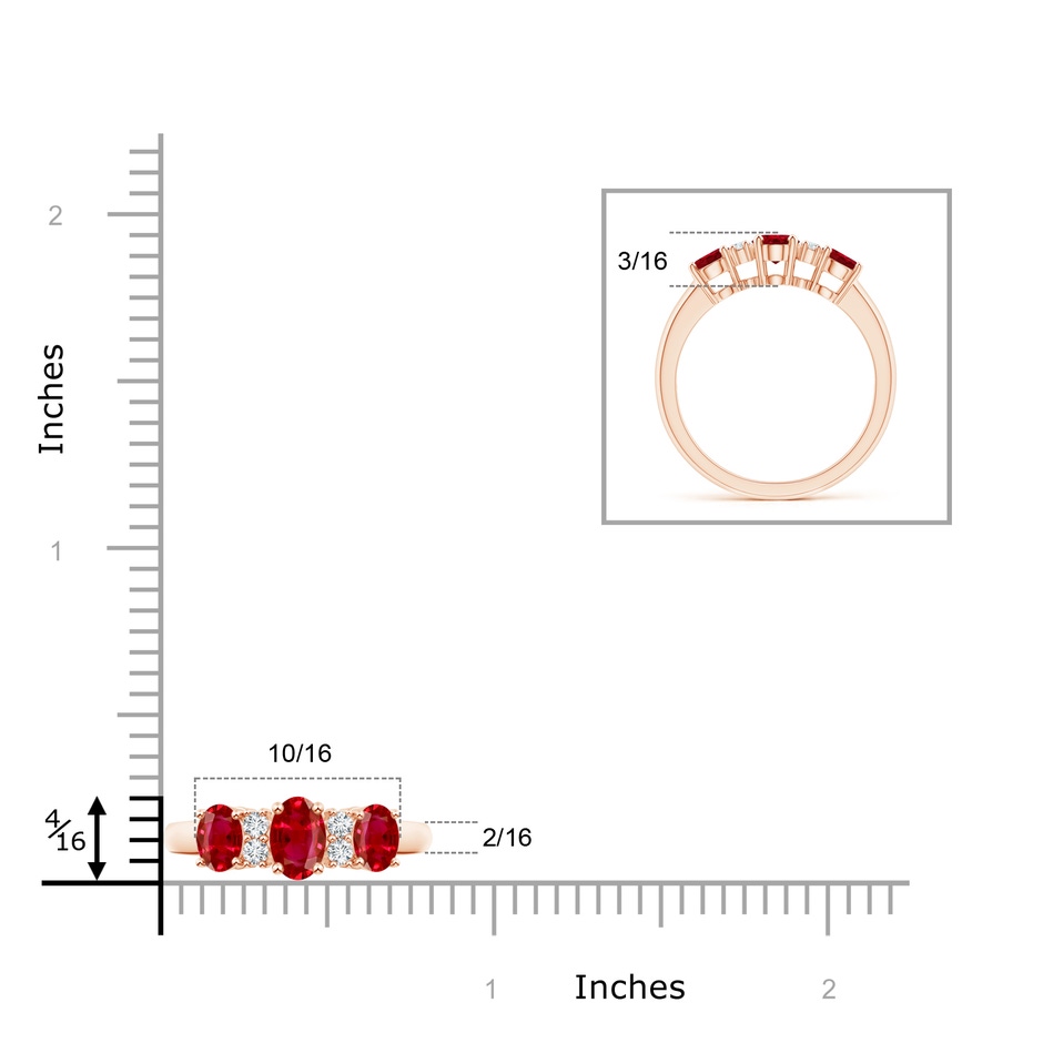 6x4mm AAA Oval Three Stone Ruby Engagement Ring with Diamonds in Rose Gold ruler