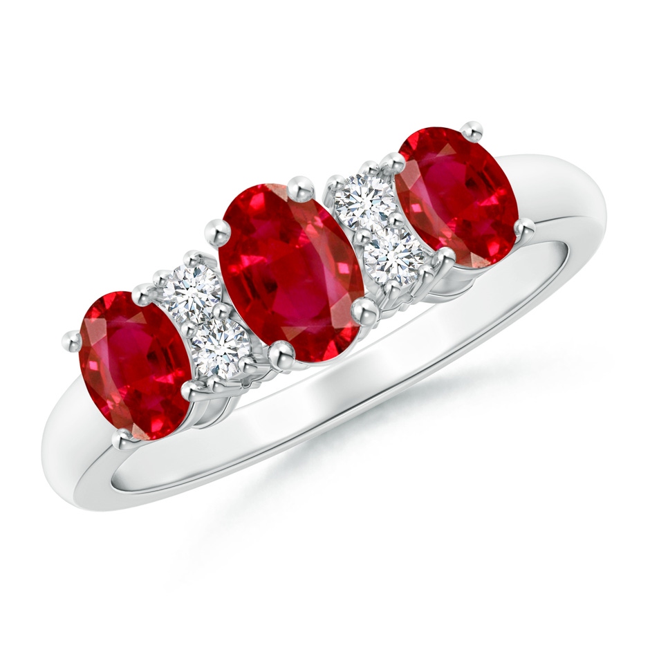 6x4mm AAA Oval Three Stone Ruby Engagement Ring with Diamonds in White Gold 