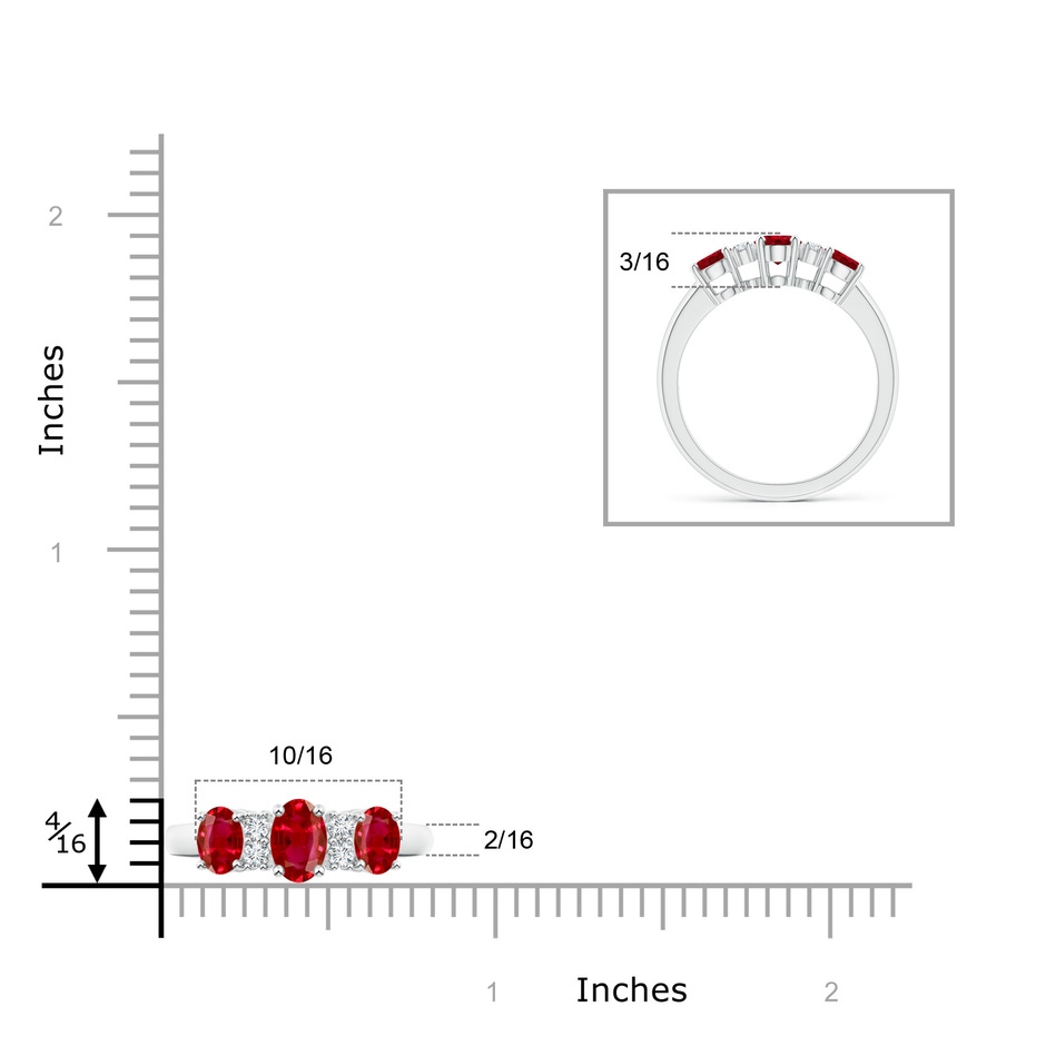 6x4mm AAA Oval Three Stone Ruby Engagement Ring with Diamonds in White Gold ruler