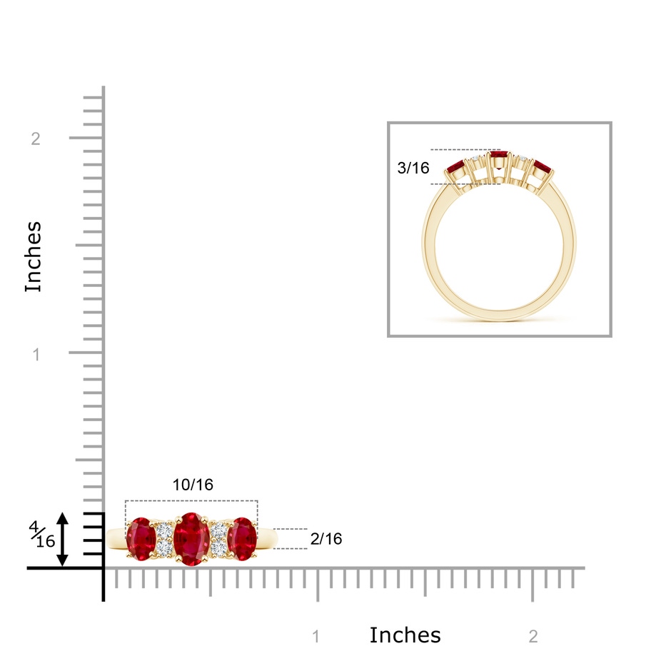 6x4mm AAA Oval Three Stone Ruby Engagement Ring with Diamonds in Yellow Gold ruler