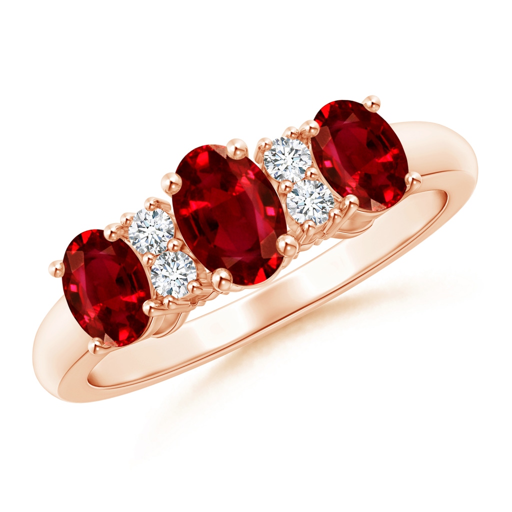 6x4mm AAAA Oval Three Stone Ruby Engagement Ring with Diamonds in Rose Gold