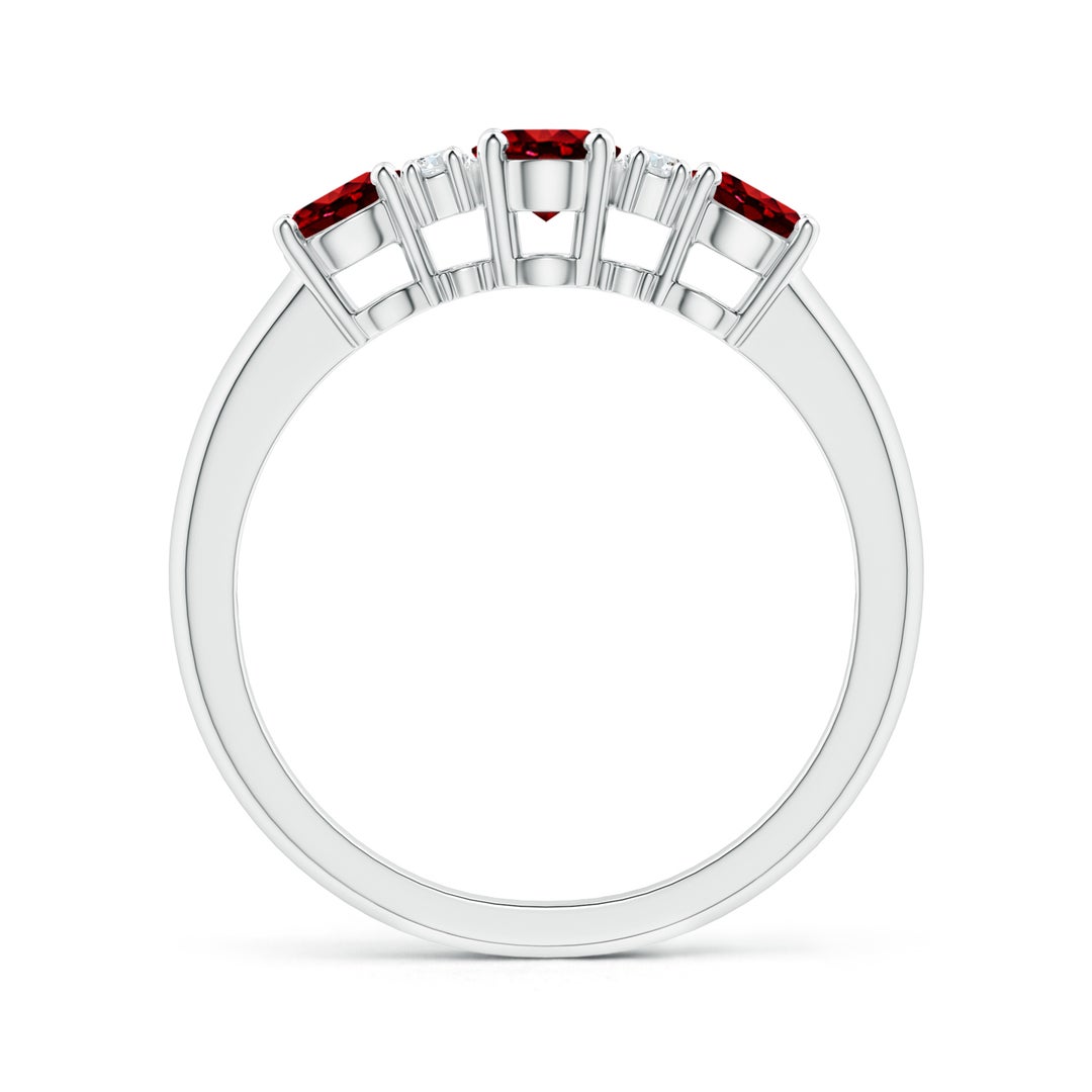 6x4mm AAAA Oval Three Stone Ruby Engagement Ring with Diamonds in White Gold - side 1