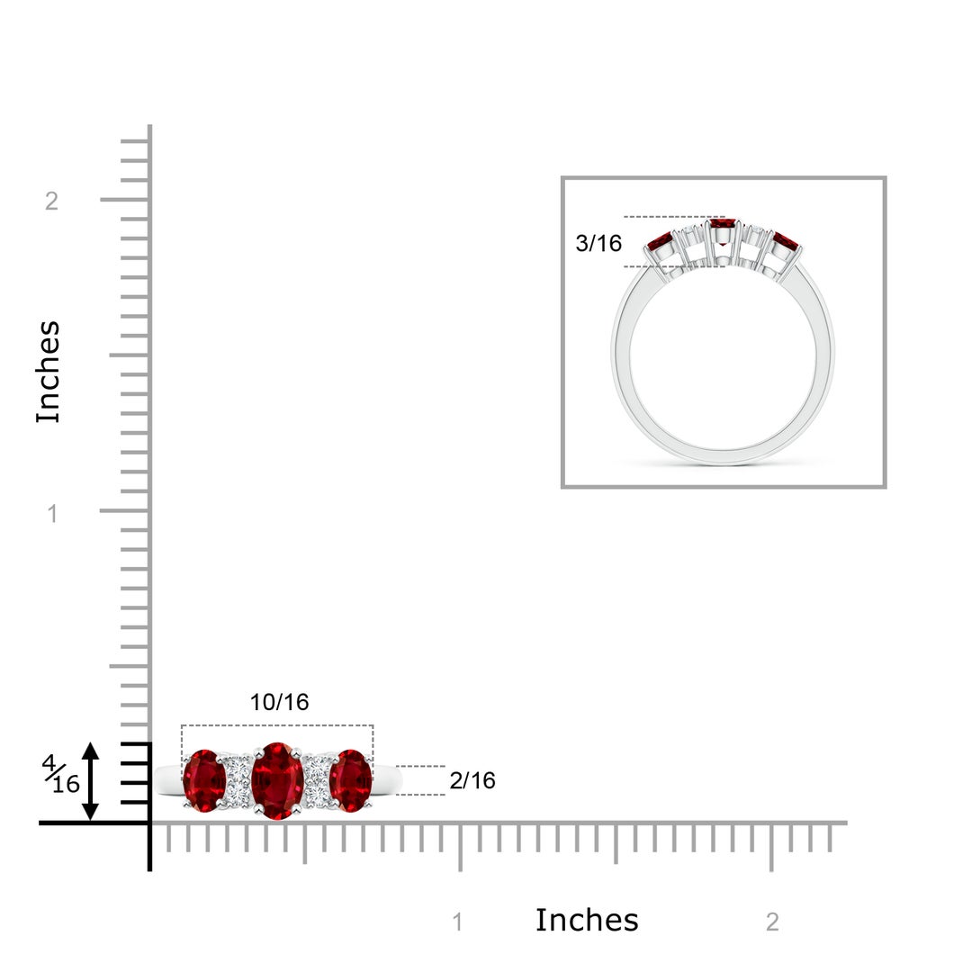 6x4mm AAAA Oval Three Stone Ruby Engagement Ring with Diamonds in White Gold - ruler