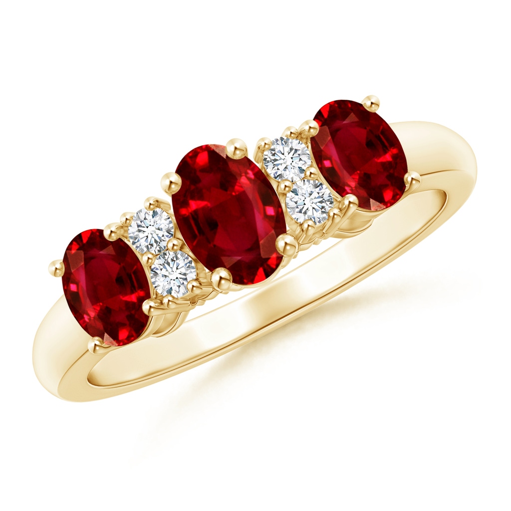 6x4mm AAAA Oval Three Stone Ruby Engagement Ring with Diamonds in Yellow Gold