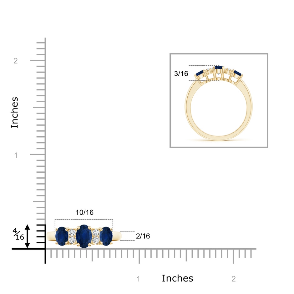 6x4mm AA Oval Three Stone Sapphire Engagement Ring with Diamonds in Yellow Gold ruler