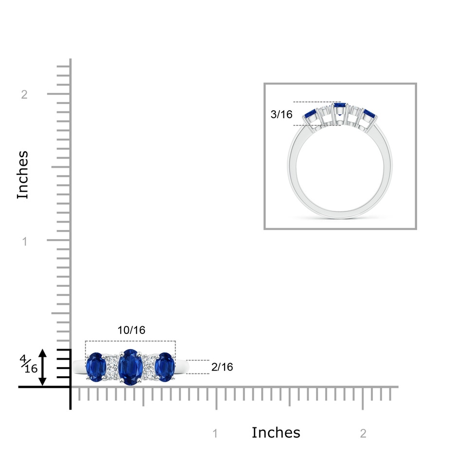 6x4mm AAA Oval Three Stone Sapphire Engagement Ring with Diamonds in White Gold ruler