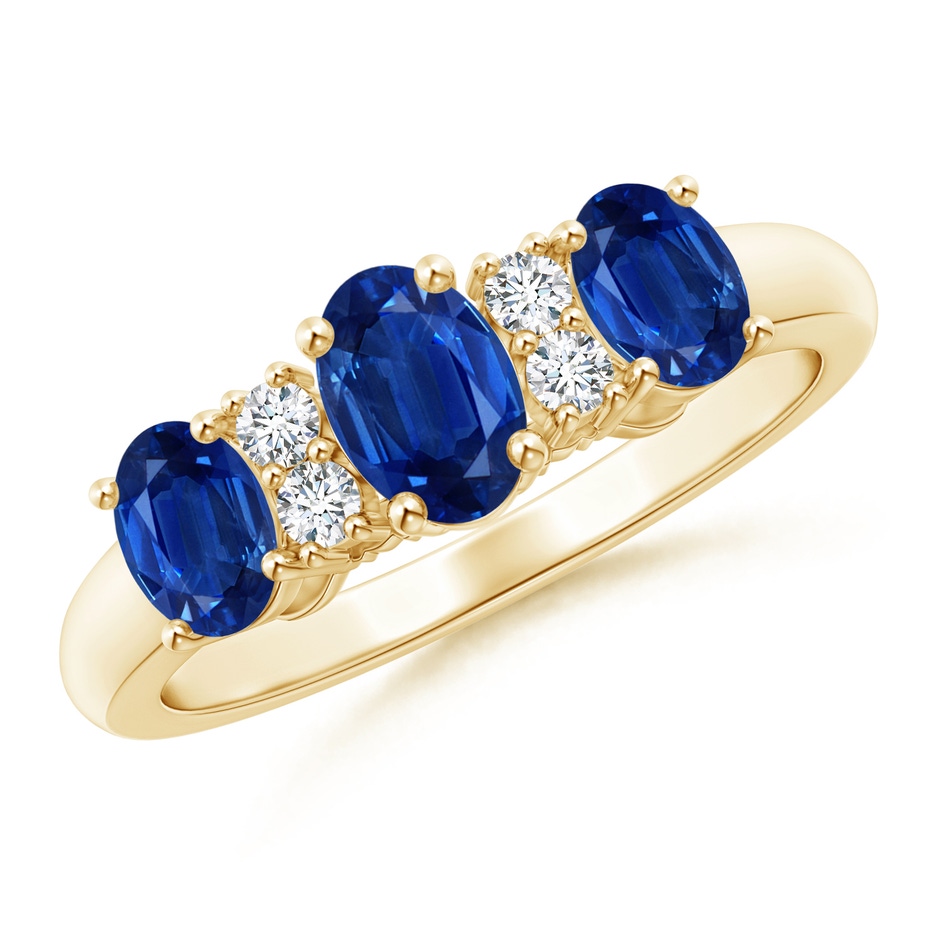 6x4mm AAA Oval Three Stone Sapphire Engagement Ring with Diamonds in Yellow Gold 