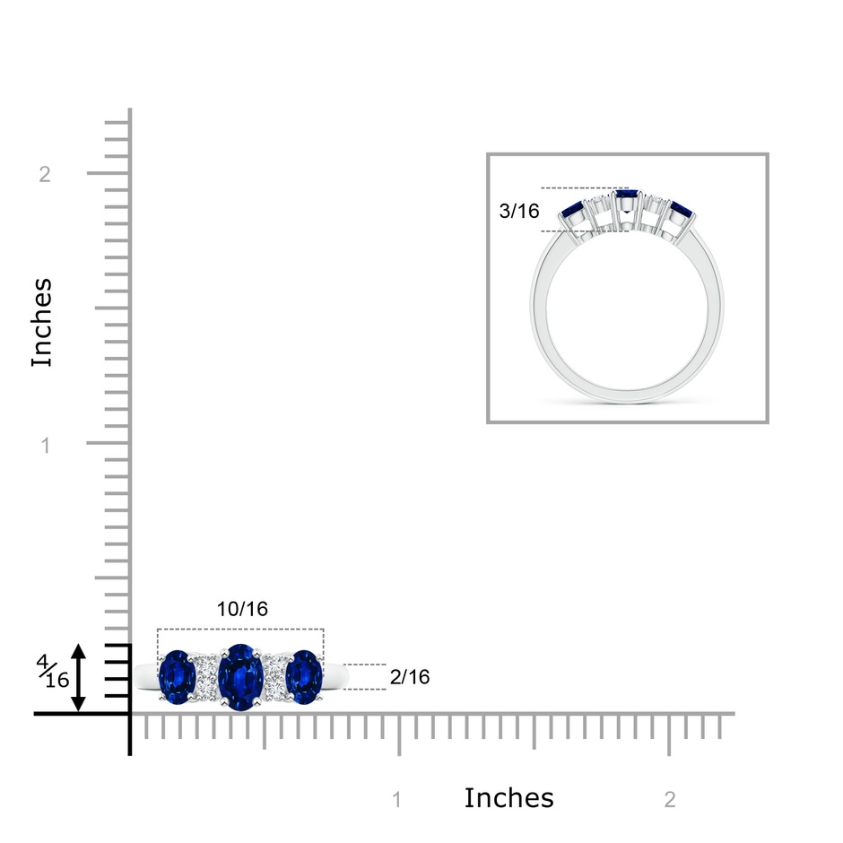 6x4mm AAAA Oval Three Stone Sapphire Engagement Ring with Diamonds in White Gold ruler