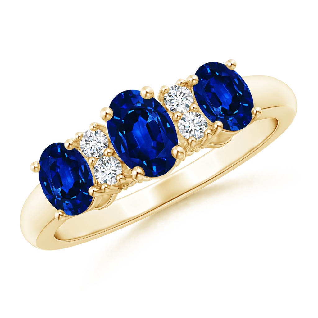 6x4mm AAAA Oval Three Stone Sapphire Engagement Ring with Diamonds in Yellow Gold