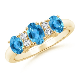 6x4mm AAA Oval Three Stone Swiss Blue Topaz Engagement Ring in Yellow Gold