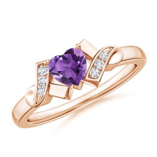 5mm AAA Solitaire Amethyst Heart Ring with Diamond Accents in 10K Rose Gold