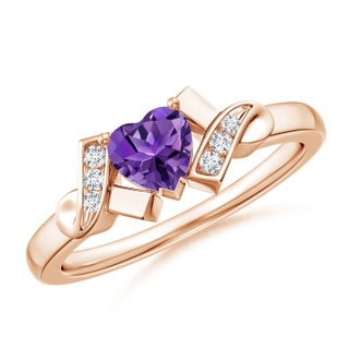 5mm AAAA Solitaire Amethyst Heart Ring with Diamond Accents in 10K Rose Gold