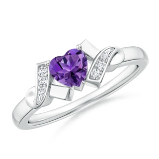 5mm AAAA Solitaire Amethyst Heart Ring with Diamond Accents in P950 Platinum
