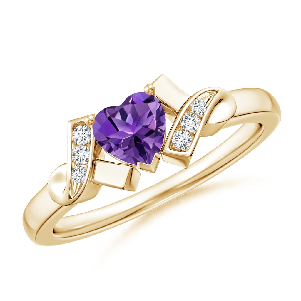 5mm AAAA Solitaire Amethyst Heart Ring with Diamond Accents in Yellow Gold