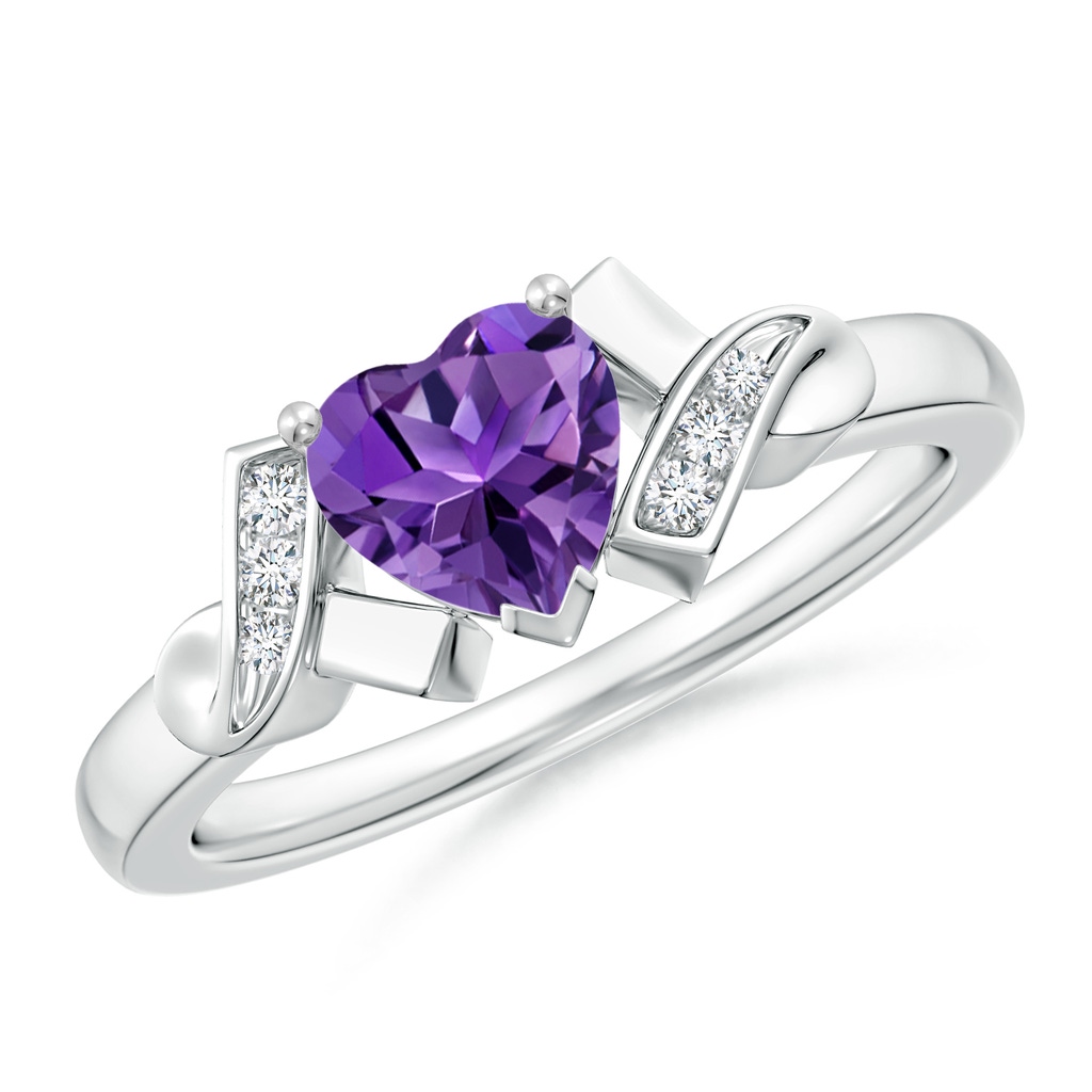 6mm AAAA Solitaire Amethyst Heart Ring with Diamond Accents in White Gold