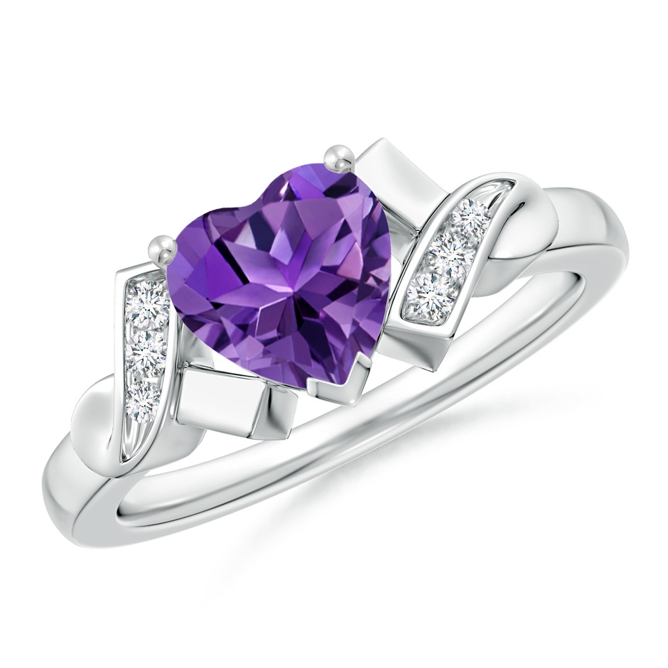 7mm AAAA Solitaire Amethyst Heart Ring with Diamond Accents in White Gold 