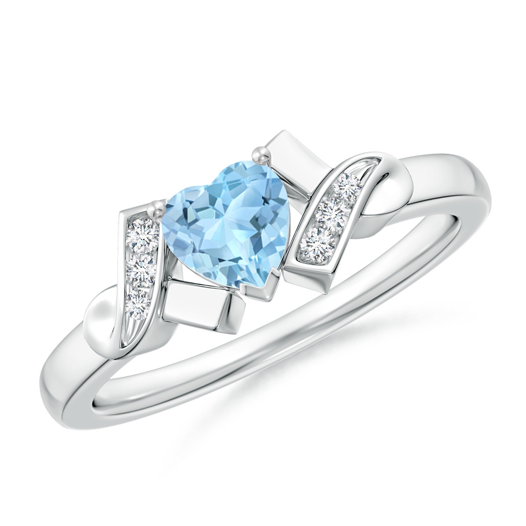 5mm AAA Solitaire Aquamarine Heart Ring with Diamond Accents in White Gold