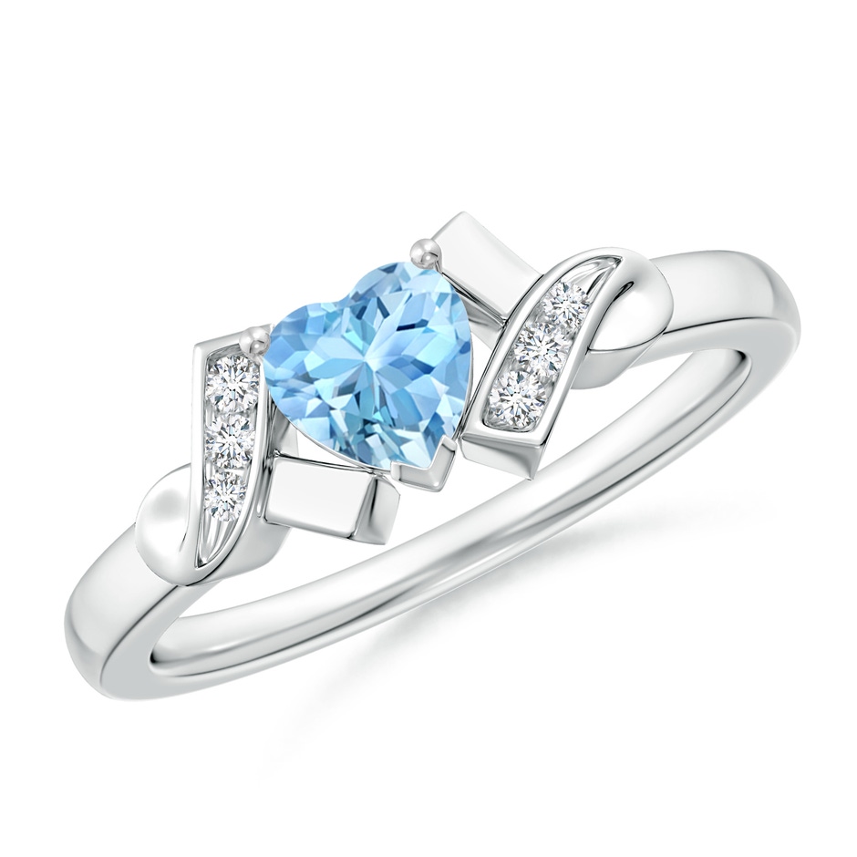 5mm AAAA Solitaire Aquamarine Heart Ring with Diamond Accents in White Gold 