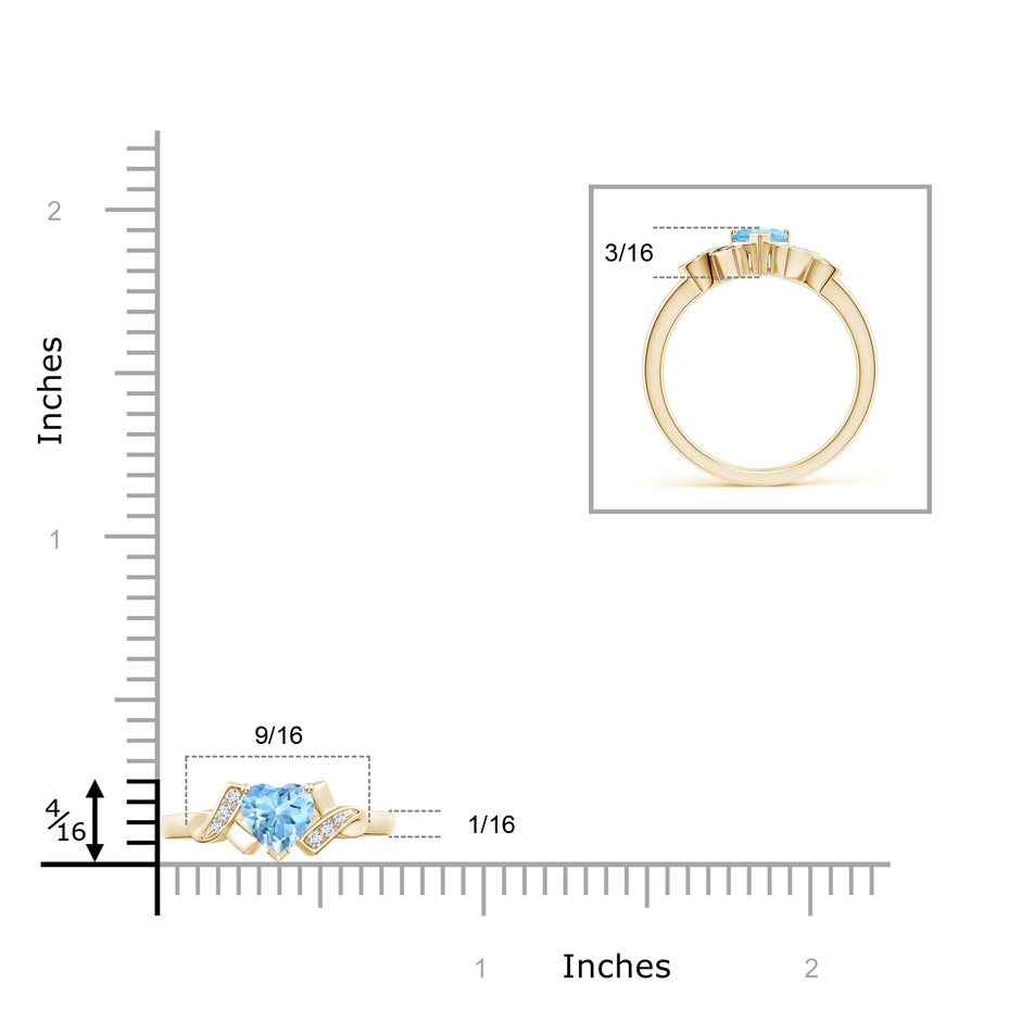 5mm AAAA Solitaire Aquamarine Heart Ring with Diamond Accents in Yellow Gold ruler