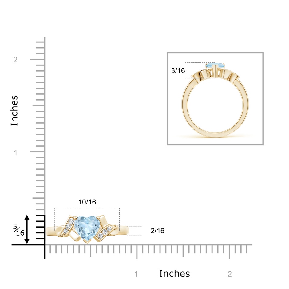 6mm AA Solitaire Aquamarine Heart Ring with Diamond Accents in Yellow Gold ruler