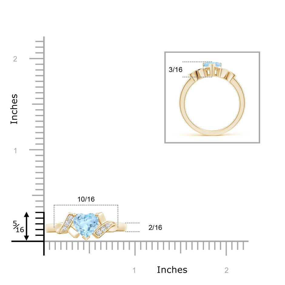 6mm AAA Solitaire Aquamarine Heart Ring with Diamond Accents in Yellow Gold ruler