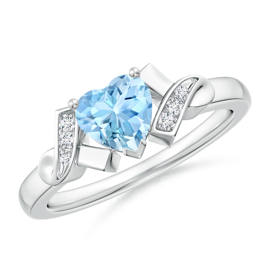 6mm AAAA Solitaire Aquamarine Heart Ring with Diamond Accents in P950 Platinum 