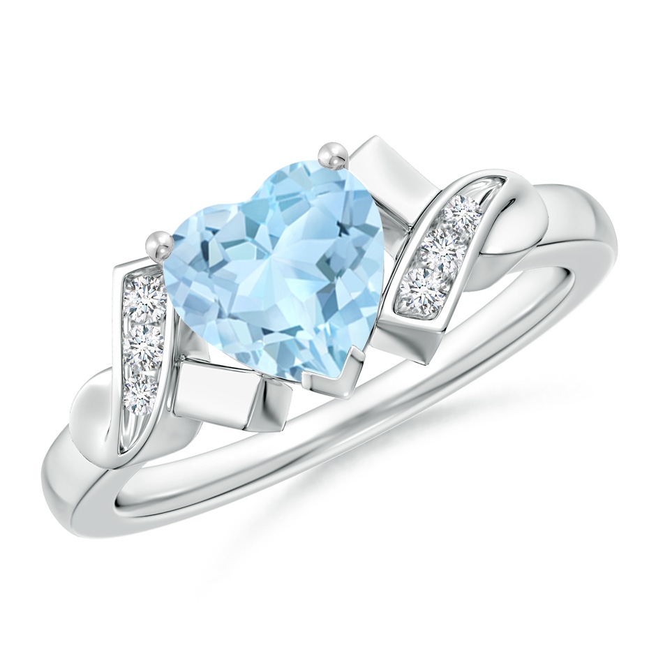 7mm AAA Solitaire Aquamarine Heart Ring with Diamond Accents in White Gold 