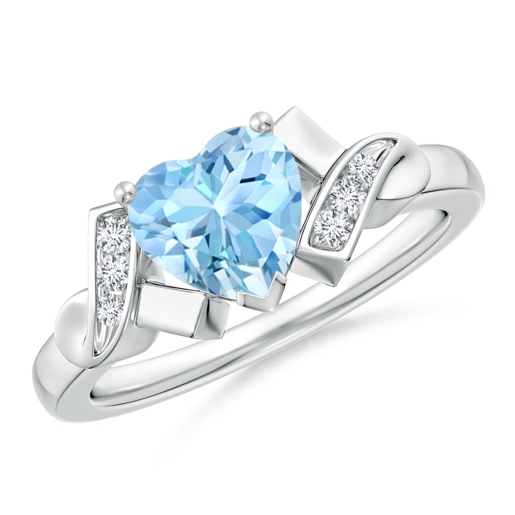 7mm AAAA Solitaire Aquamarine Heart Ring with Diamond Accents in P950 Platinum