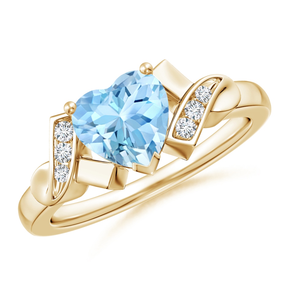 7mm AAAA Solitaire Aquamarine Heart Ring with Diamond Accents in Yellow Gold 