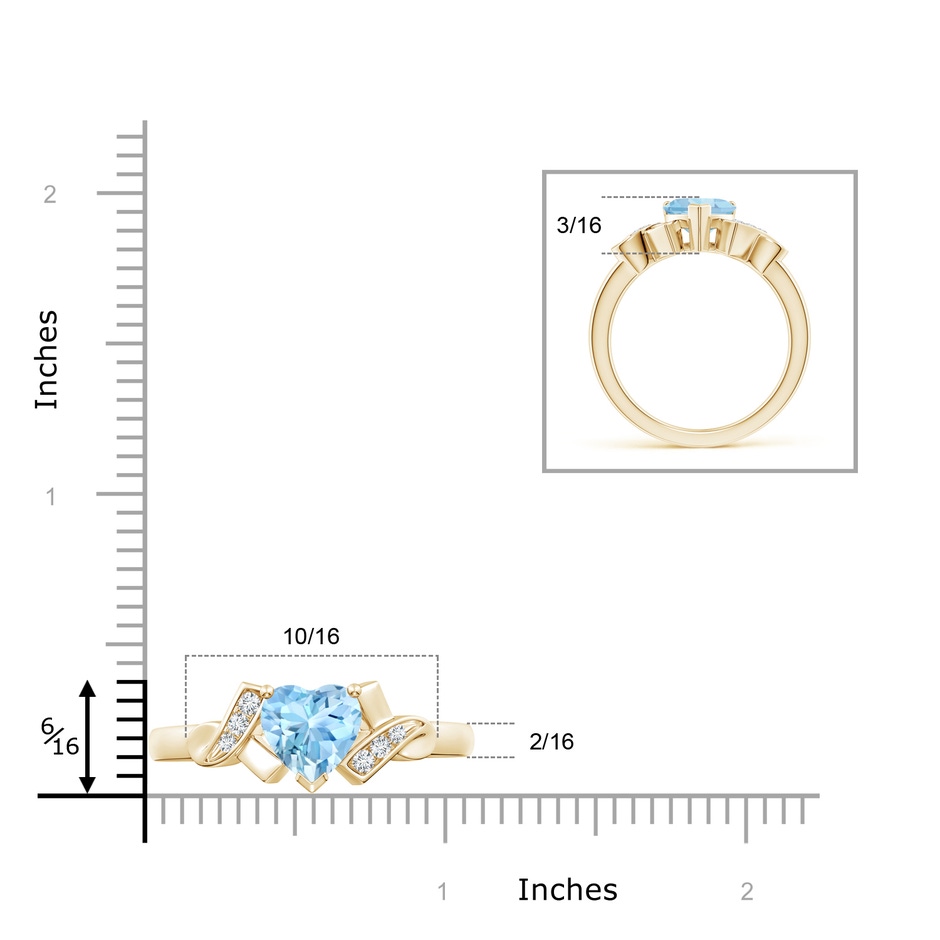 7mm AAAA Solitaire Aquamarine Heart Ring with Diamond Accents in Yellow Gold ruler