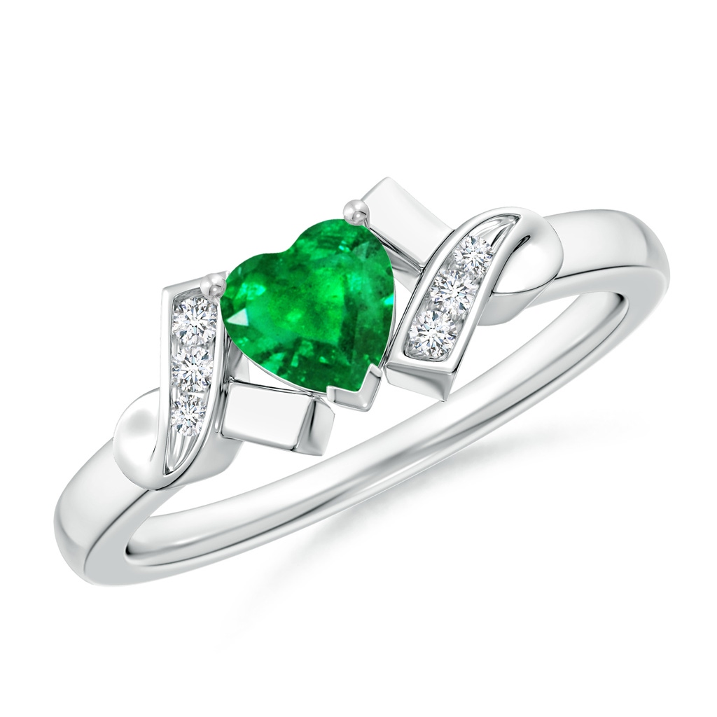 5mm AAA Solitaire Emerald Heart Ring with Diamond Accents in White Gold