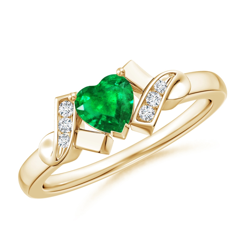 5mm AAA Solitaire Emerald Heart Ring with Diamond Accents in Yellow Gold