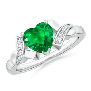 7mm AAA Solitaire Emerald Heart Ring with Diamond Accents in P950 Platinum
