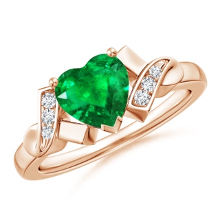 7mm AAA Solitaire Emerald Heart Ring with Diamond Accents in Rose Gold